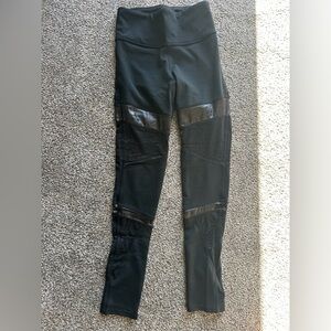 Women's Black Leggings with Sheer and Faux-Leather Paneling